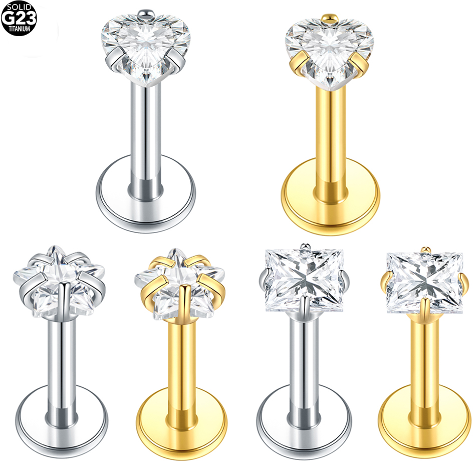 Flat Back Labret Stud - 5Pcs/lot G23 Titanium Round Star Heart