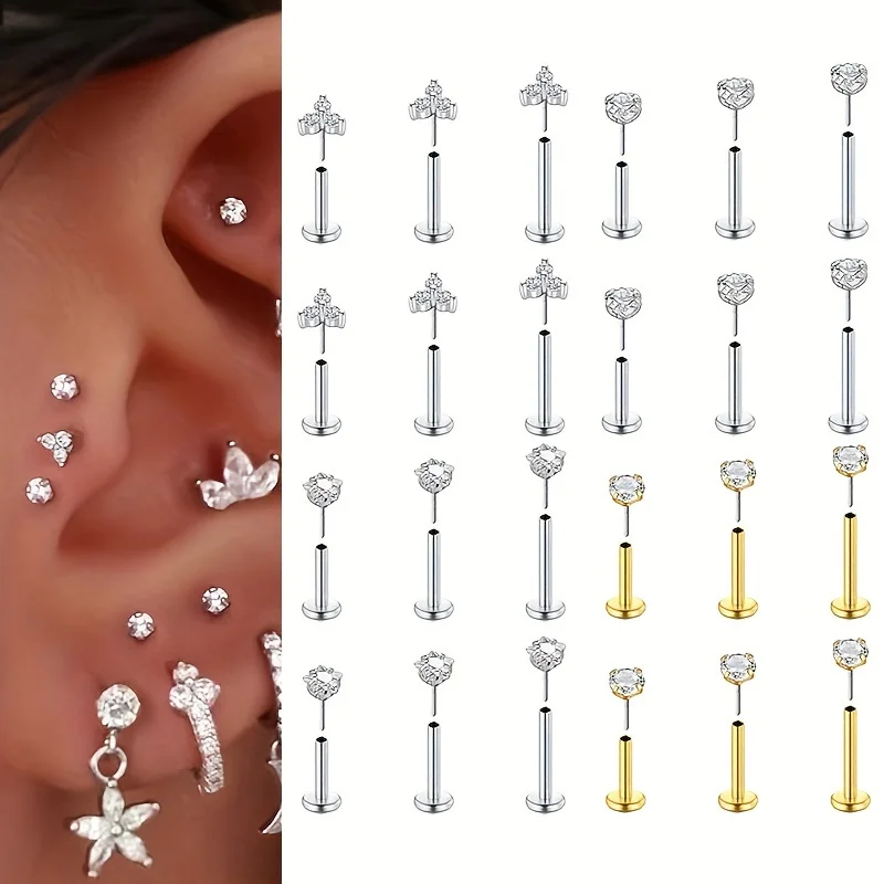 Flat Back Labret Stud - 6pcs Threadless Flat Back Earrings Stainless